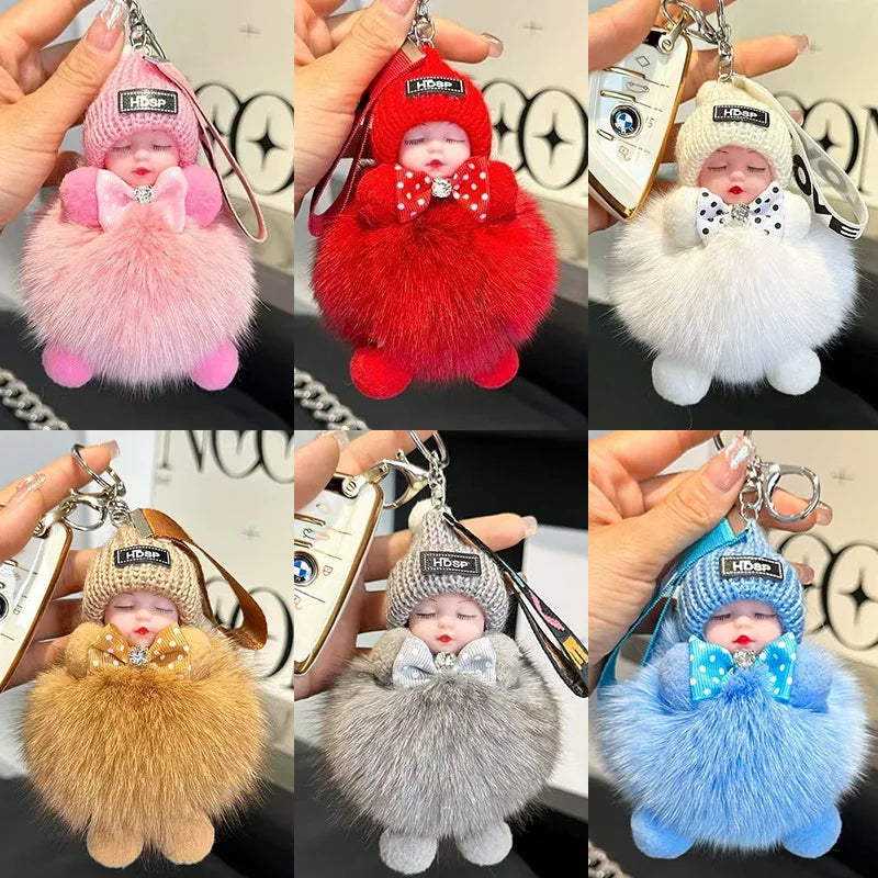 Cute Fluffy Plush Sleepy Doll Keychain For Women Bag Car Key Chain Kawaii Key Ring On Bag Car Trinket Pendant Gift