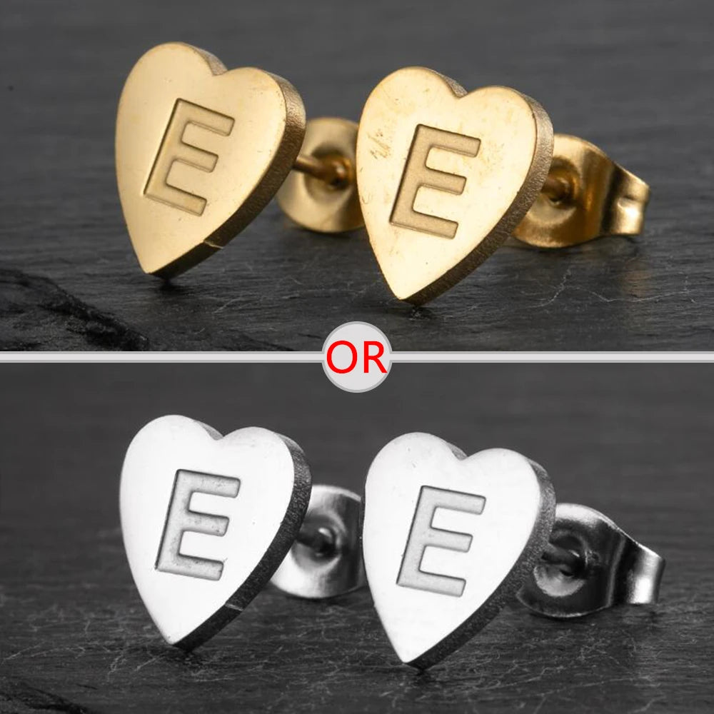 100% Stainless Steel A-Z Initial Earrings for Women Girls Personalize Letter Name Heart Stud Earring Family Jewelry Best Gifts