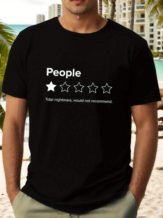 Men's Funny Sarcastic People Graphic T-Shirt - 5-Star Rating Design with Total Nightmare Would Not Recommend Text, Black Cotton Short Sleeve Round Neck Casual Tee for Casual Attire & Social Events, All-Season Comfort Fit Nove