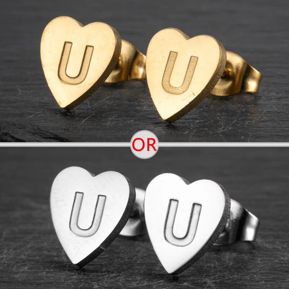 100% Stainless Steel A-Z Initial Earrings for Women Girls Personalize Letter Name Heart Stud Earring Family Jewelry Best Gifts