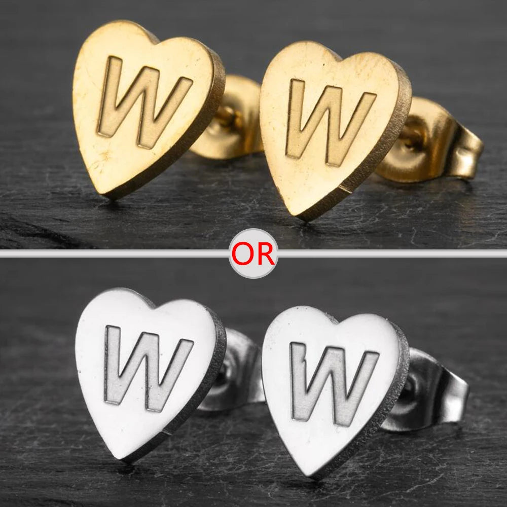 100% Stainless Steel A-Z Initial Earrings for Women Girls Personalize Letter Name Heart Stud Earring Family Jewelry Best Gifts
