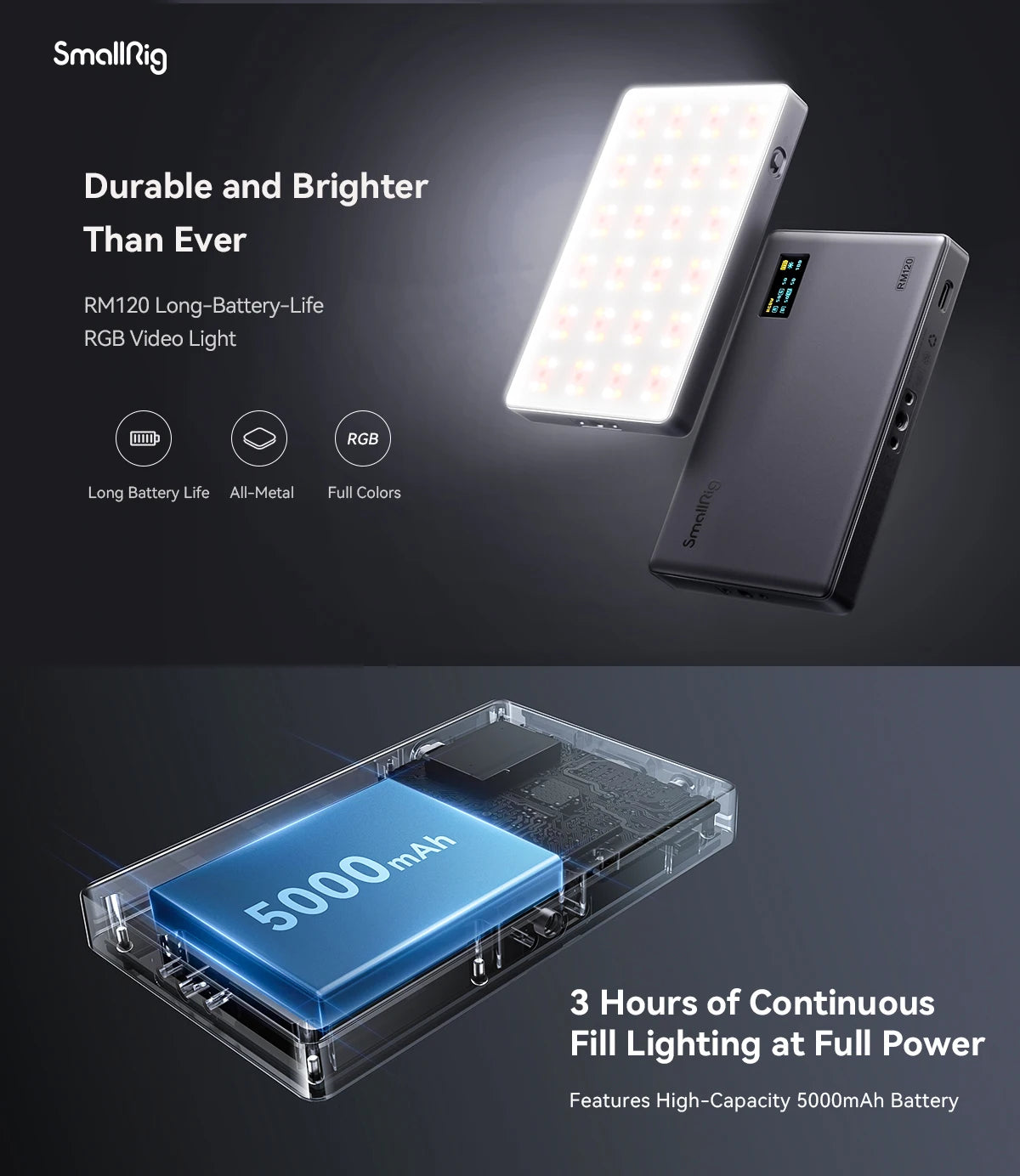 SmallRig RM120 Long-Battery-Life RGB Video Light Universal RGB Camera Light Portable Full Colors All-Metal Light for TikTok 3808