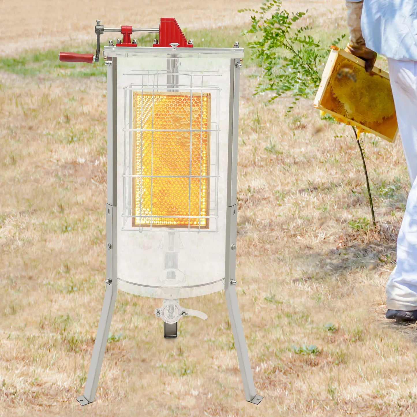 2 Frame Manual Honey Extractor, Acrylic Clear Transparent Beekeeping Tool with Enclosed Gears, Semi-Suspended Basket, Wide Honey Valve, Stable Stand, Easy Clean for Home & Small Farm Use