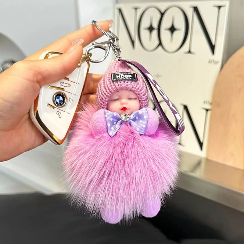 Cute Fluffy Plush Sleepy Doll Keychain For Women Bag Car Key Chain Kawaii Key Ring On Bag Car Trinket Pendant Gift