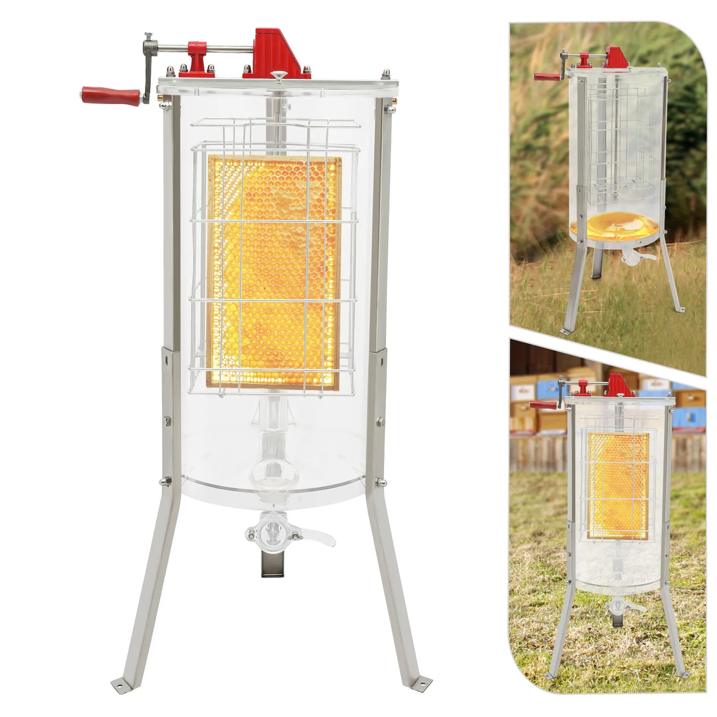 2 Frame Manual Honey Extractor, Acrylic Clear Transparent Beekeeping Tool with Enclosed Gears, Semi-Suspended Basket, Wide Honey Valve, Stable Stand, Easy Clean for Home & Small Farm Use