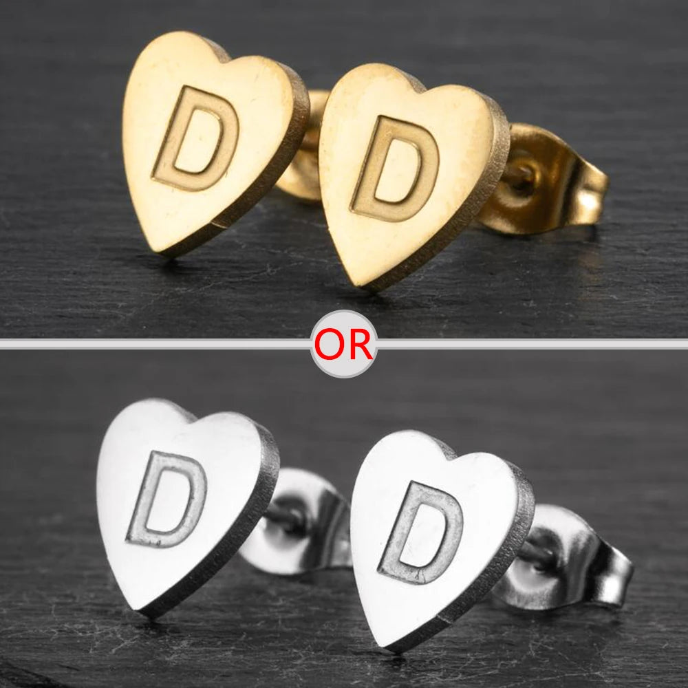 100% Stainless Steel A-Z Initial Earrings for Women Girls Personalize Letter Name Heart Stud Earring Family Jewelry Best Gifts