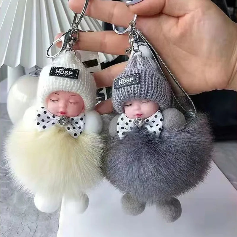 Cute Fluffy Plush Sleepy Doll Keychain For Women Bag Car Key Chain Kawaii Key Ring On Bag Car Trinket Pendant Gift