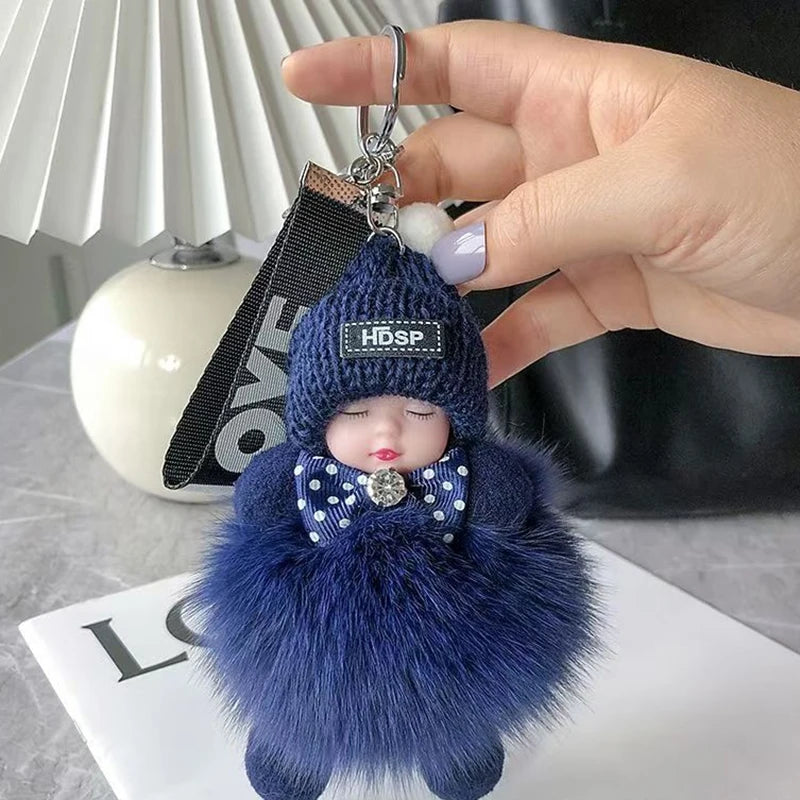 Cute Fluffy Plush Sleepy Doll Keychain For Women Bag Car Key Chain Kawaii Key Ring On Bag Car Trinket Pendant Gift