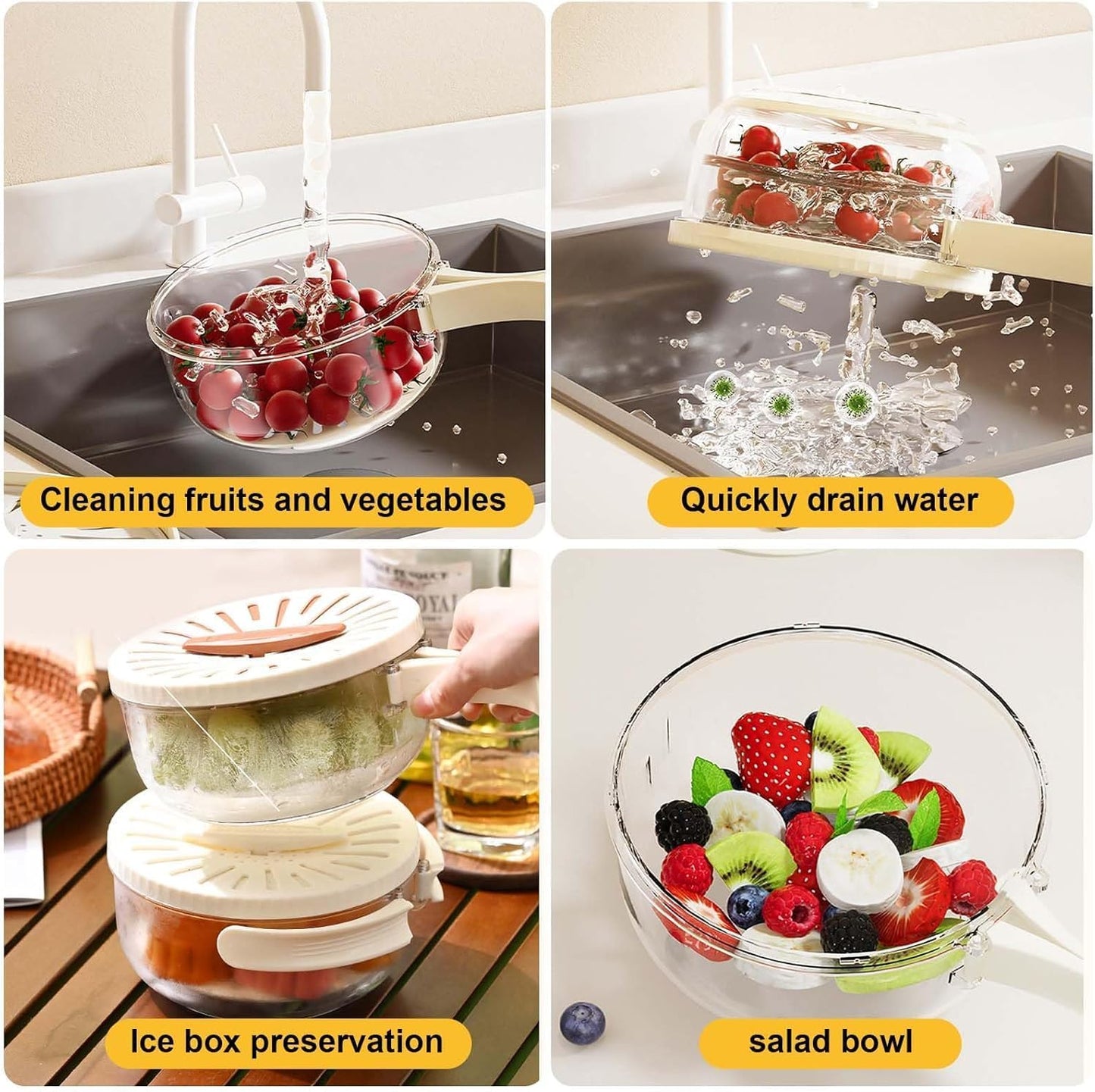 2 in 1 Dish Drainer and Strainer, Multifunctional Fruit and Vegetable Washing Bowl, Fruit Drain Basket with Foldable Handle & Lid, Plastic, for Outdoor, Picnic，For Salad Pasta Fruits