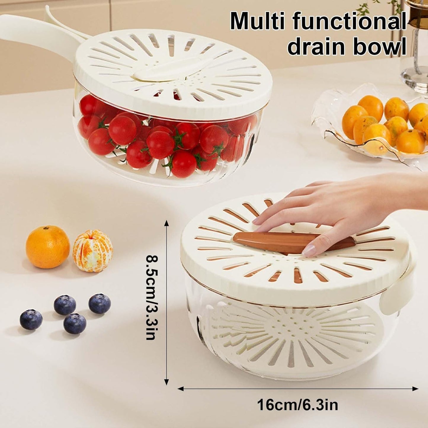 2 in 1 Dish Drainer and Strainer, Multifunctional Fruit and Vegetable Washing Bowl, Fruit Drain Basket with Foldable Handle & Lid, Plastic, for Outdoor, Picnic，For Salad Pasta Fruits