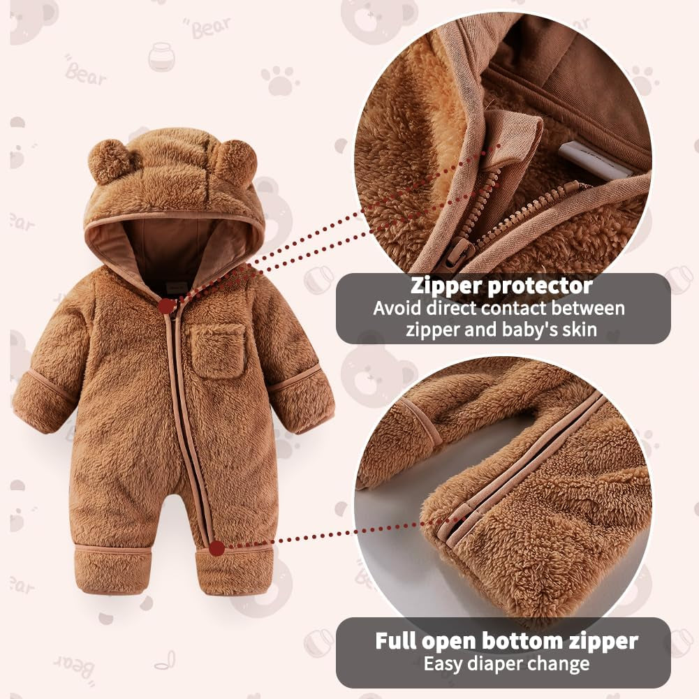 Baby Snowsuit, Newborn Baby Bear Hooded Footed Romper Fleece Snowsuit Cartoon Flannel Zipper Jumpsuit Fall Winter Outfits