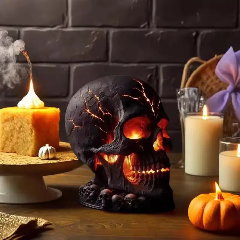 Magma Stone Skull Decor Skull Desk Lamp with Spooky Led Light for Halloween Party Mantel Decoration Unique Room Accent to Ignite