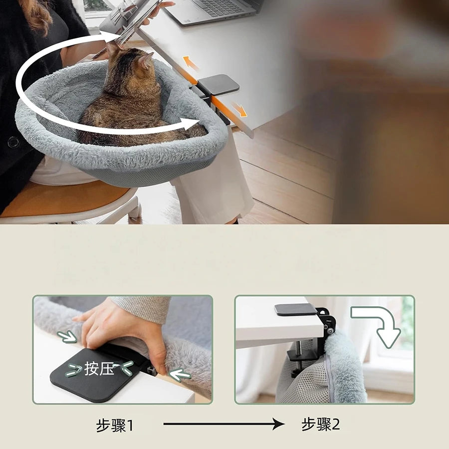 Cat Desk Bed One-Click Folding Sunken Design Space-Saving Semi-Circular Cat Desk Hammock Perch for Home Office Indoor Cats