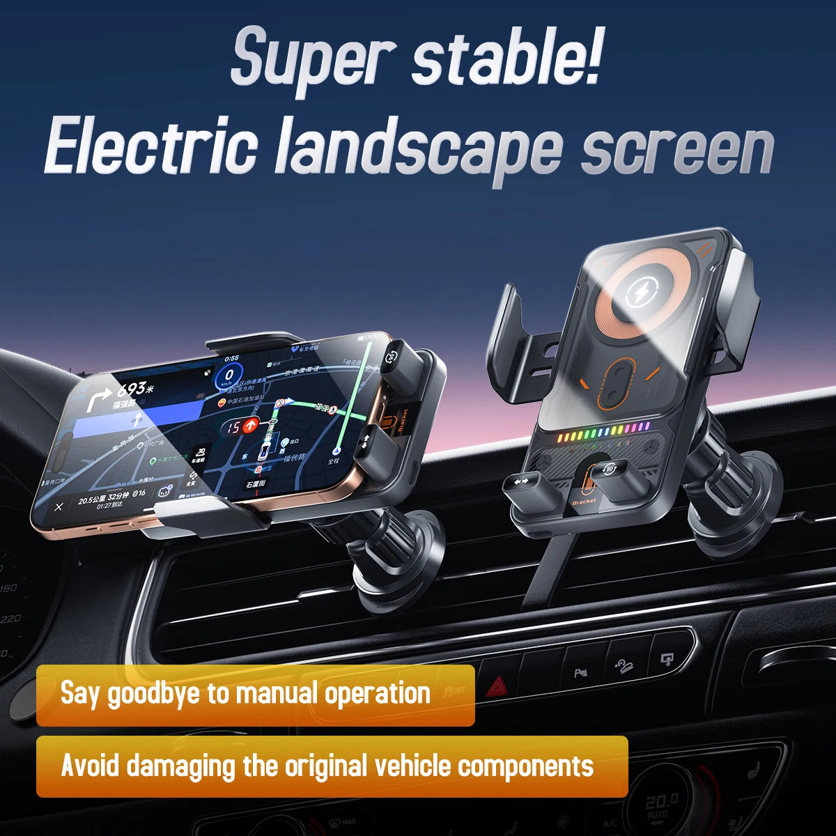 Car Universal Air Vent Electric Rotating Opening Closing Phone Holder 15W Wireless Charger Dual Coil Smart Phones Fast Charging