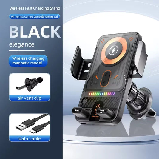 Car Universal Air Vent Electric Rotating Opening Closing Phone Holder 15W Wireless Charger Dual Coil Smart Phones Fast Charging