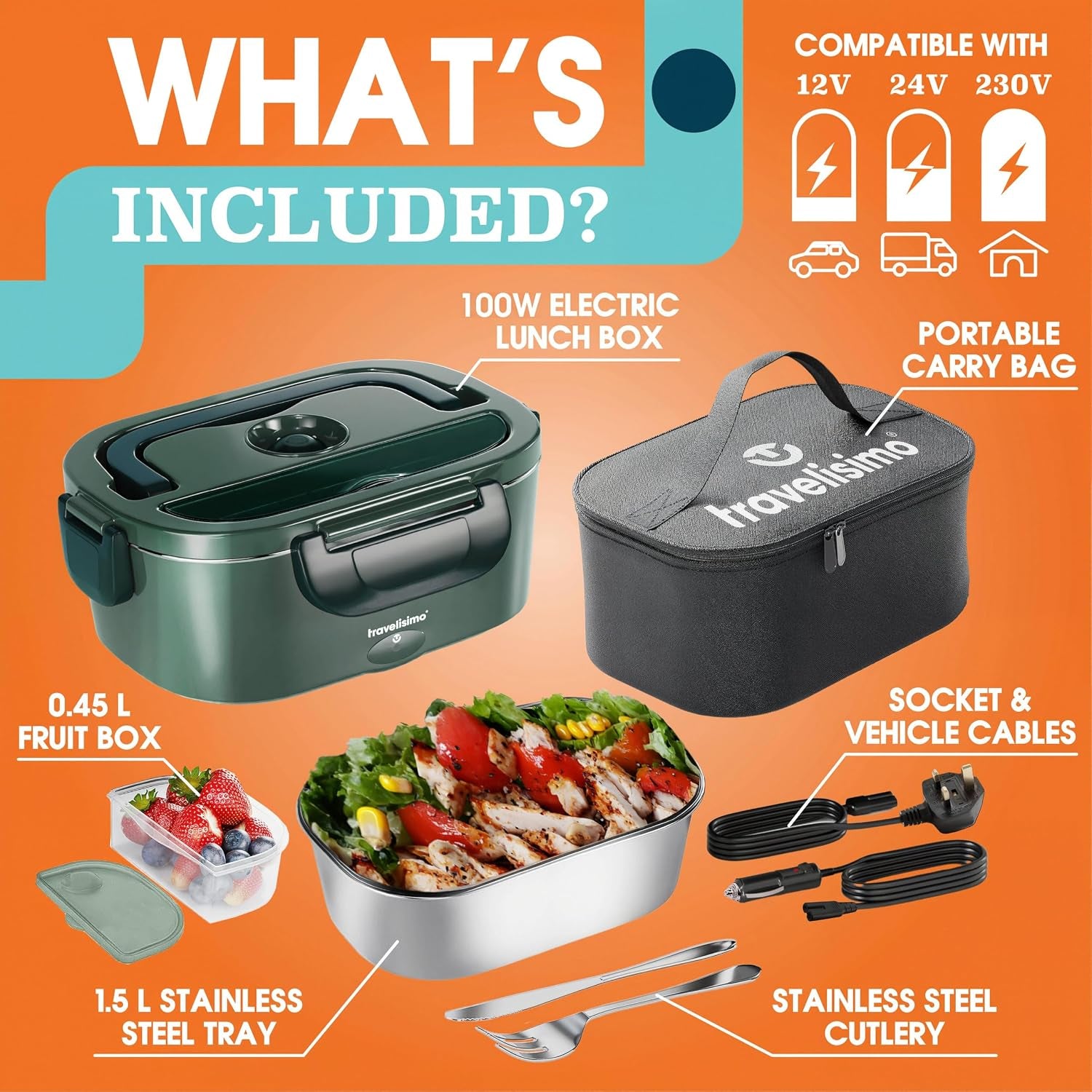 Heated Lunch Box 100W Electric Lunch Box Food Heater 1.5L Self Heating Lunchbox for Travel & Office, 12V/24V/230V Heated Lunch Boxes for Adults Stainless Steel Car Electric Lunchbox