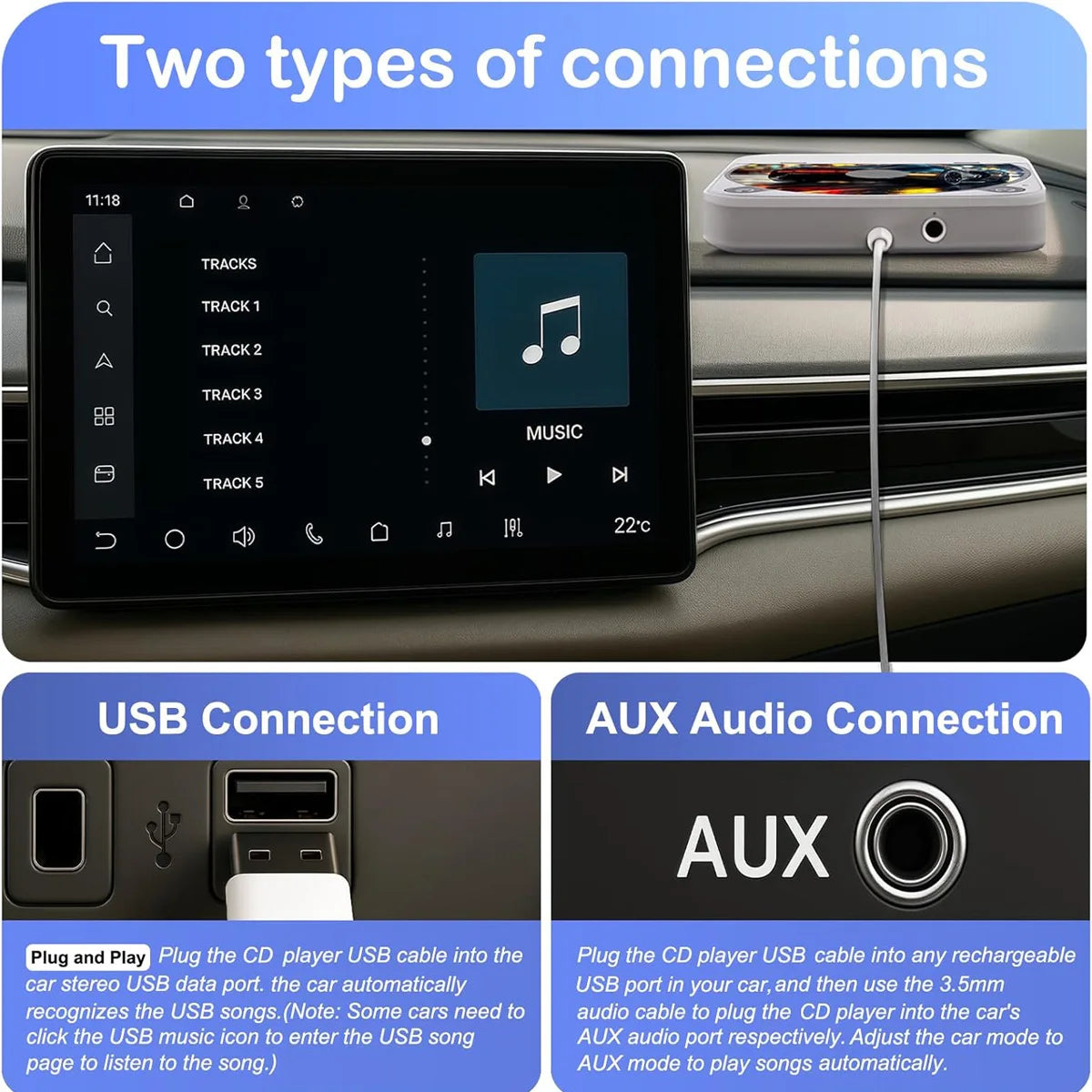 Car External Portable CD Player Plug and Play with USB AUX Port Universal Vehicle Android 4.4 IOS Carplay