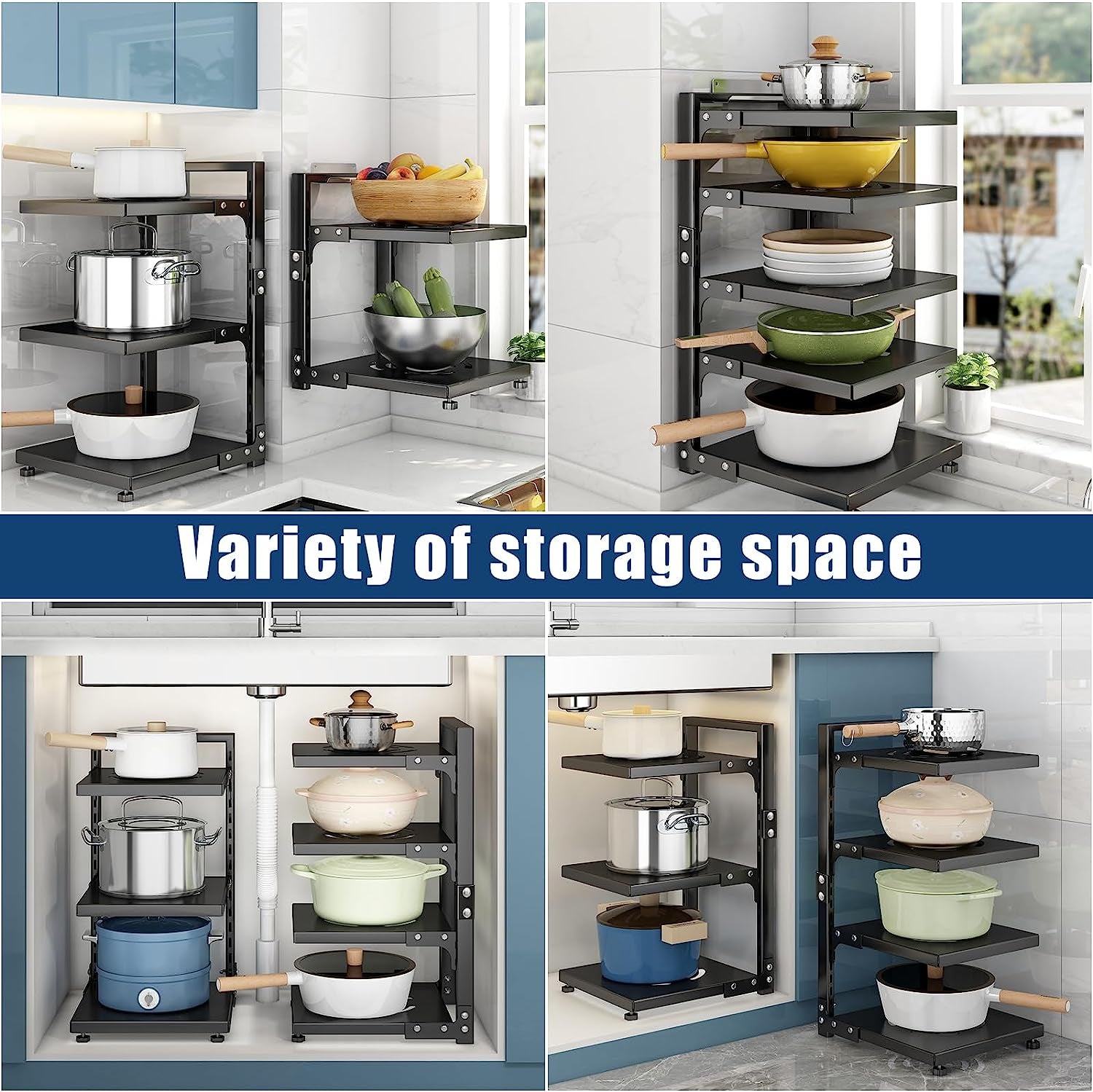 7-Tier Adjustable Heavy Duty Pan Organizer - Multiple Use Modes, Pot & Pan Rack for Kitchen Counter and Cabinet