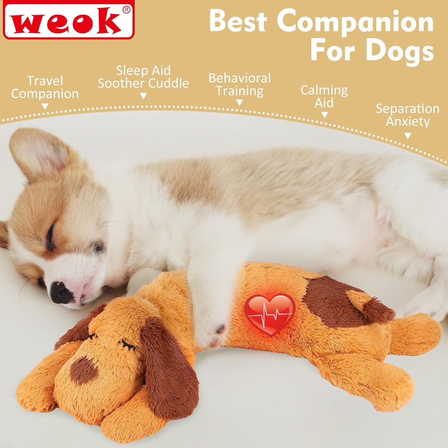 Heartbeat Puppy Toy - Comfort Cuddler Pillow, Dog Anxiety Relief Calming Aid,Heartbeat Stuffed Toy for Dogs,Puppy Sleep Aid, Behavioral Aid, Dog Plush Toy with Heartbeat for Dogs Cats Pets