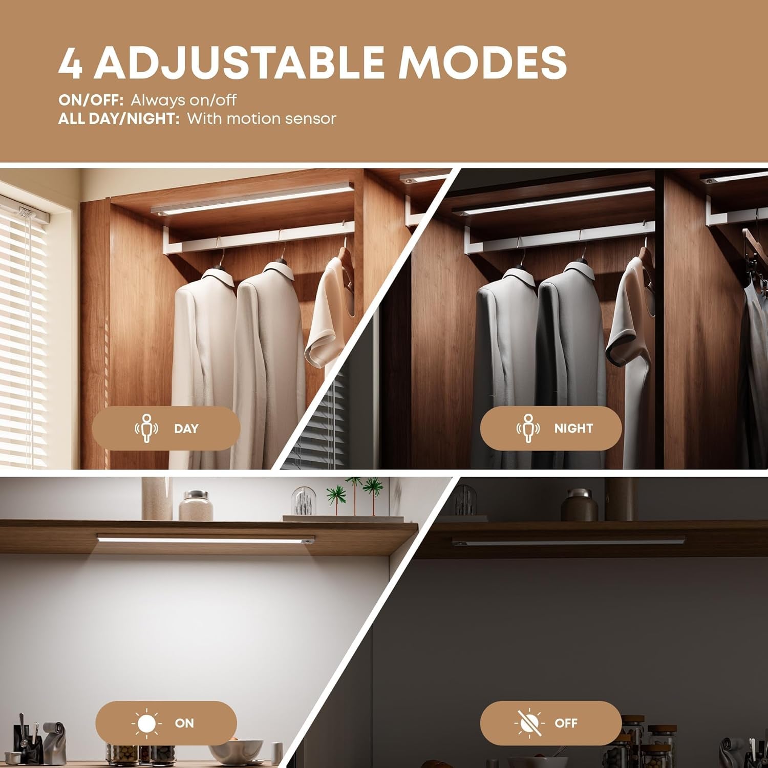 under Cabinet Wardrobe Motion Sensor Lights Dimmable 21Cm 1500Mah